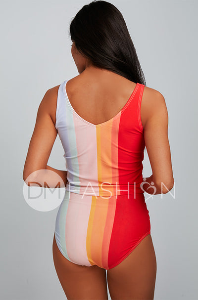 V Back Color Block Midkini Top - Rainbow Water Colors