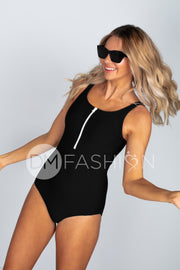 Zipper Open Back Textured One Piece - Black