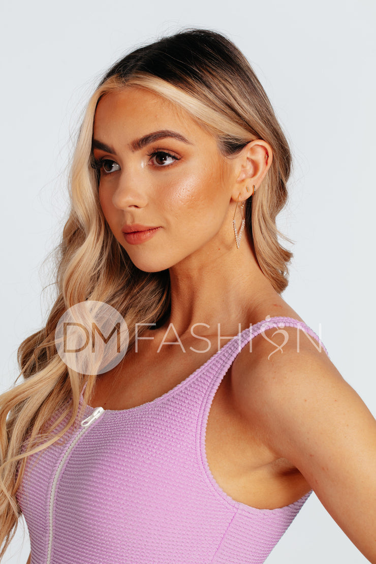 Zipper Open Back Textured One Piece - Neon Lilac
