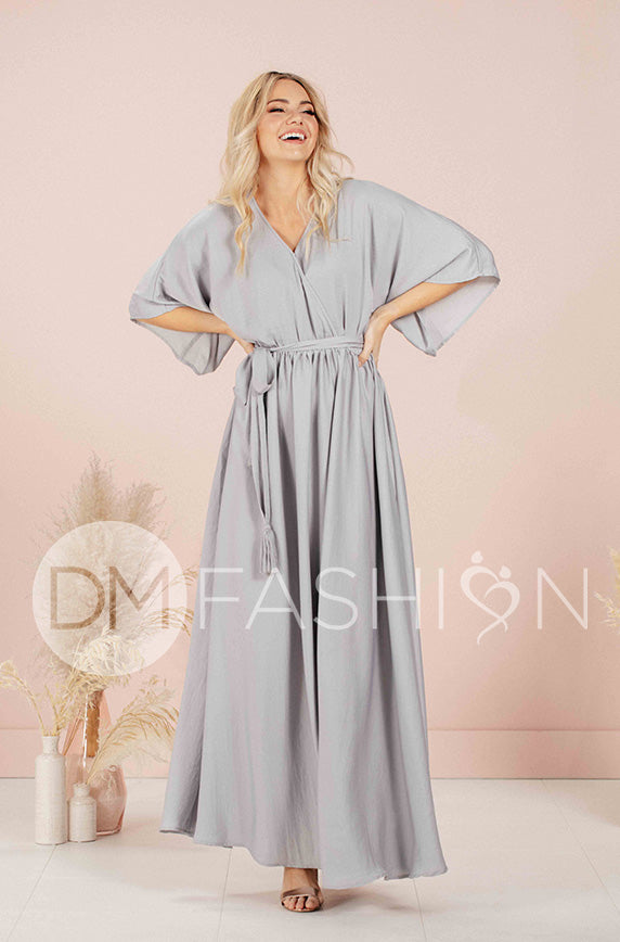 chinese dress ladies OUGES Womens Short Sleeve V-Neck Wrap Waist Maxi Dress(Gray Blue394,L) at  Amazon Women's Clothing store main image 0