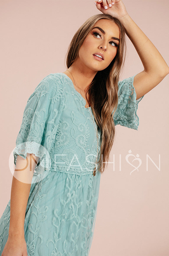 Aspen Blue Grass Lace Dress - DM Exclusive- Maternity Friendly - FINAL SALE