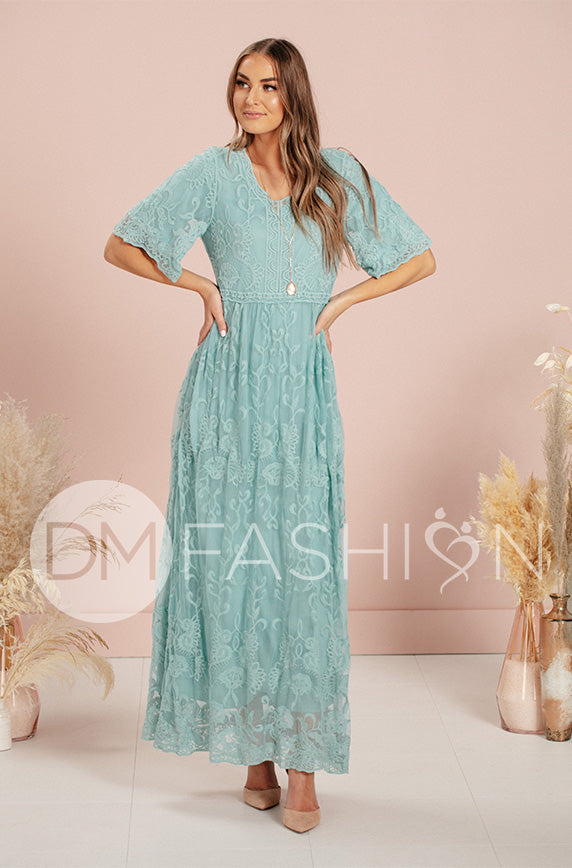 Aspen Blue Grass Lace Dress - DM Exclusive- Maternity Friendly - FINAL SALE