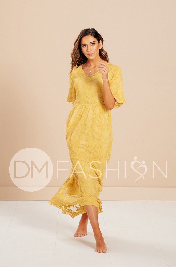 Aspen Sunset Gold Lace Dress - DM Exclusive - Maternity Friendly - FINAL SALE