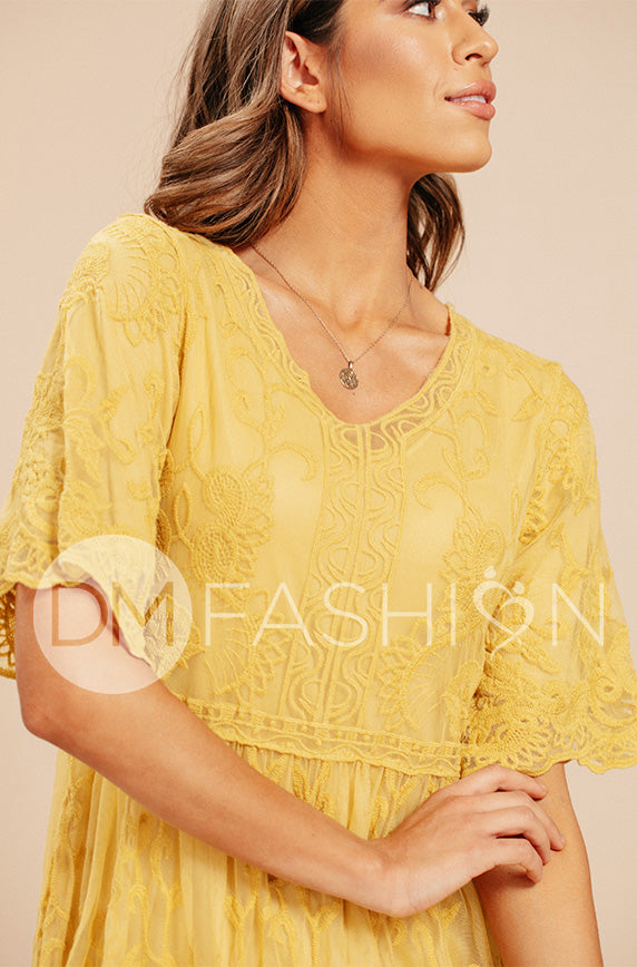 Aspen Sunset Gold Lace Dress - DM Exclusive - Maternity Friendly - FINAL SALE