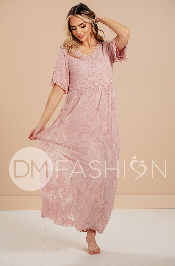 Aspen Silver Pink Lace Dress - DM Exclusive- Maternity Friendly - FINAL SALE