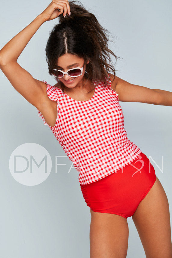 Ruffle V Back Midkini Top - Cherry Red Gingham