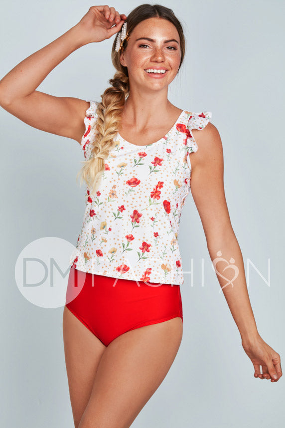 Ruffle V Back Midkini Top - Cherry Red Blossoms - FINAL FEW