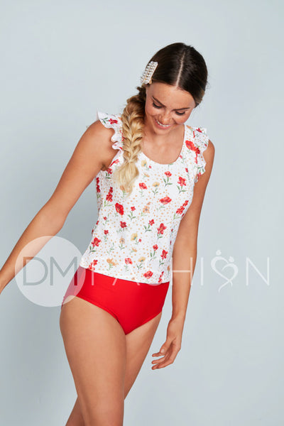 Ruffle V Back Midkini Top - Cherry Red Blossoms - FINAL FEW