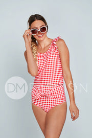 Ruffle V Back Midkini Top - Cherry Red Gingham