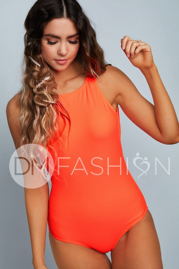 High Neck Contrast Back One Piece - Neon Color Block