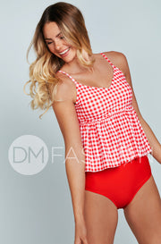 V Peplum Tankini Top - Red Gingham