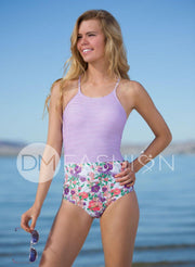 Sailor Back One Piece  - Purple Stripe Floral - DM Fashion