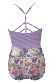 Sailor Back One Piece  - Purple Stripe Floral - DM Fashion