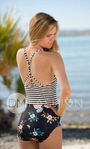 Sailor Back One Piece - Retro Stripe Floral RESTOCKED - DM Fashion