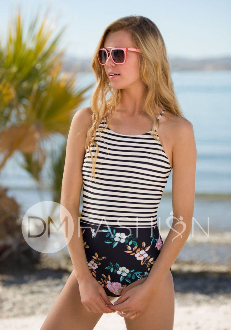 Sailor Back One Piece - Retro Stripe Floral RESTOCKED - DM Fashion