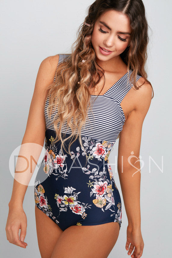 Square Neck Color Block One Piece - Navy Lilly Stripes