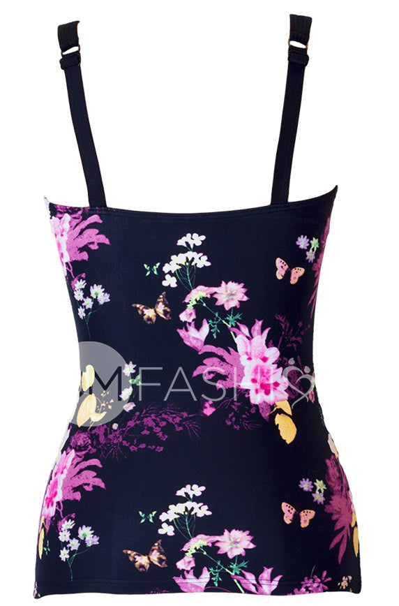 Sweetheart Ruched Tankini - Black Floral - DM Fashion