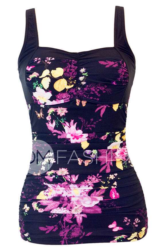 Sweetheart Ruched Tankini - Black Floral - DM Fashion