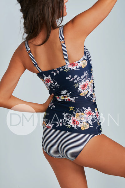 Sweetheart Ruched Tankini Top - Navy Lilly Stripes