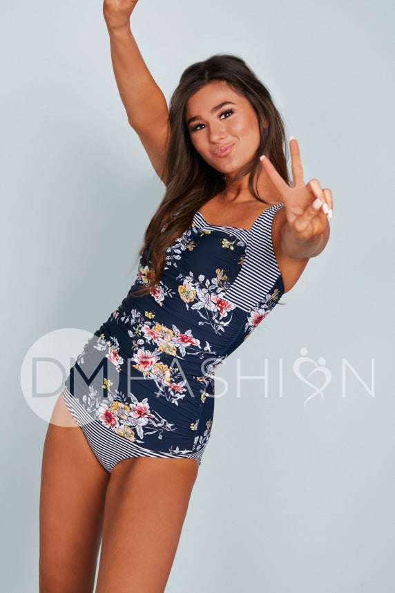Sweetheart Ruched Tankini Top - Navy Lilly Stripes