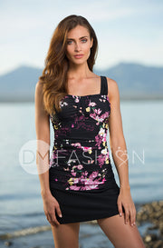 Ruched Bandeau Tankini Top - Black Floral - FINAL SALE- FINAL FEW
