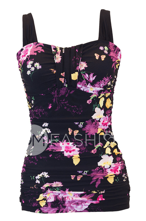 Ruched Bandeau Tankini Top - Black Floral - FINAL SALE- FINAL FEW