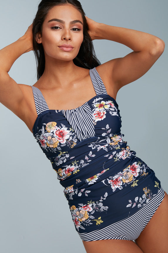 Ruched Bandeau Tankini Top - Navy Lilly Stripes