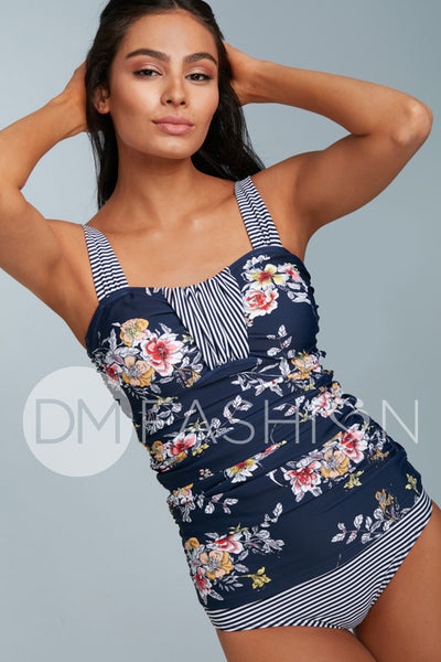 Ruched Bandeau Tankini Top - Navy Lilly Stripes