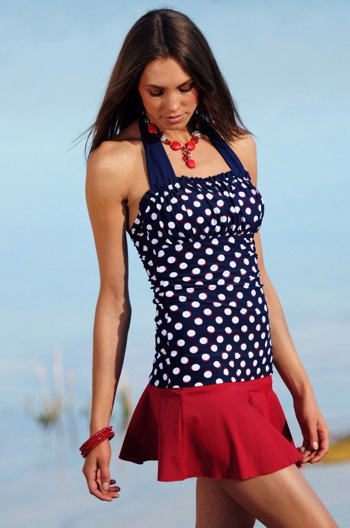 Ruched Square Halter Nautical Blue Red Dots - FINAL SALE - DM Fashion