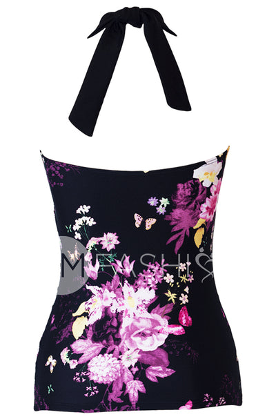 Shirred Halter - Black Floral - DM Fashion