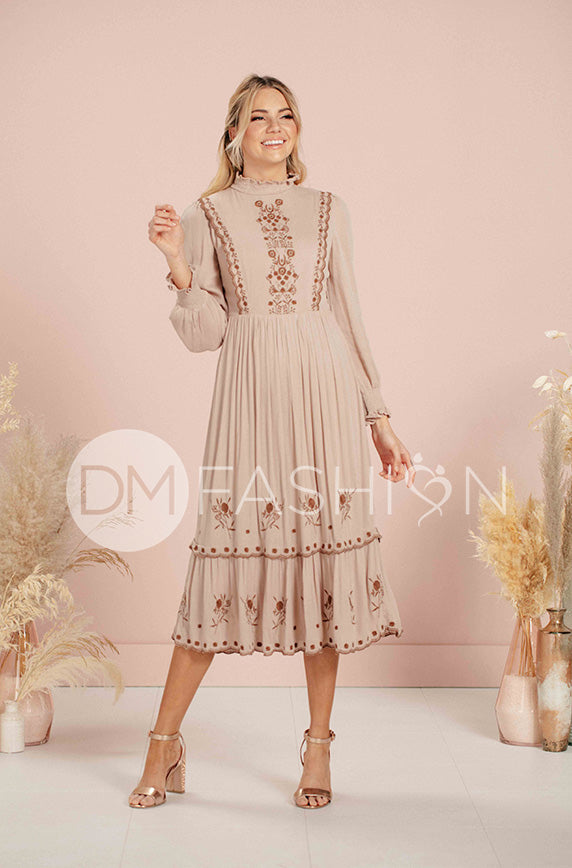 Alexa Taupe Embroidery Dress - FINAL SALE