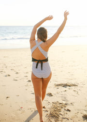 Scoop Neck Cross Back One Piece - Black Stripes - Restocked