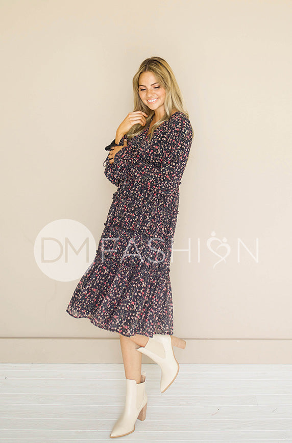 Becca Black Floral Midi Dress -  DM Exclusive - Nursing Friendly - Maternity Friendly