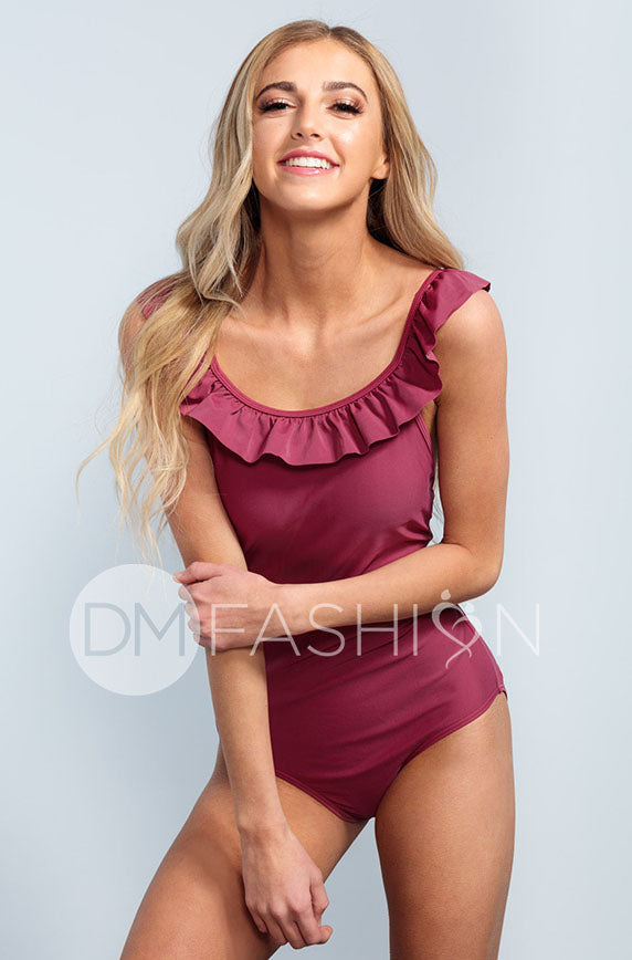 Ruffle V Back One Piece - Red Plum - DM Fashion