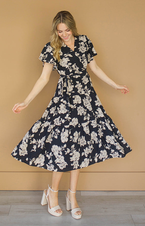 nursing friendly black tie dress Tessa Floral Wrap - DM Exclusive - Maternity