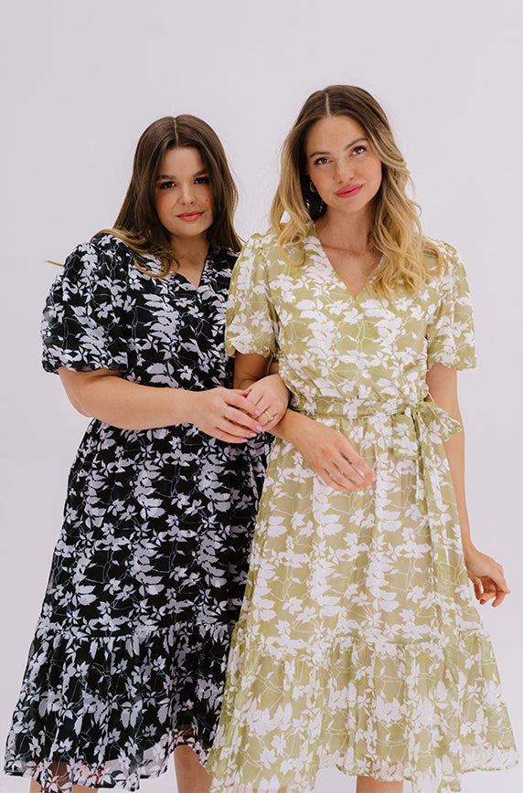 Tara Black Satin Floral Dress – DM Exclusive – Nursing Friendly