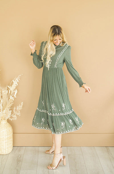 Alexa Olive Embroidery Dress -  FINAL SALE- FINAL FEW
