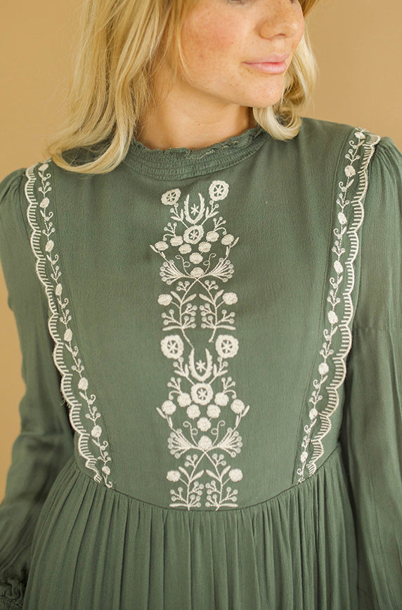 Alexa Olive Embroidery Dress -  FINAL SALE- FINAL FEW