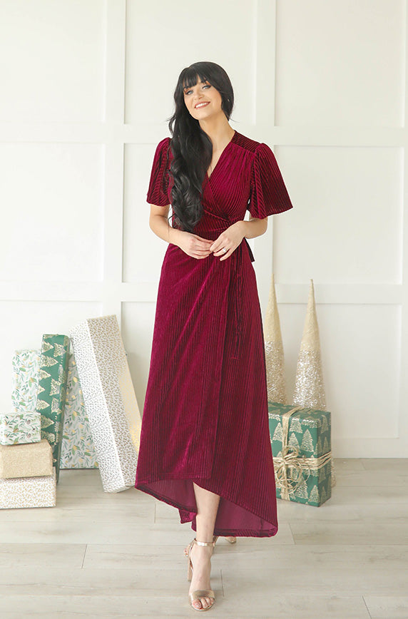 Addison Ribbed Velvet Merlot Dress - FINAL FEW - FINAL SALE