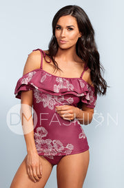 Off The Shoulder Double Ruffle Tankini Top - Red Plum Embroidery Floral - FINAL SALE