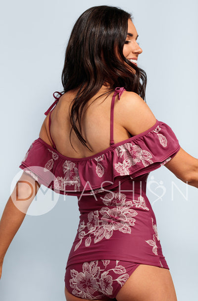 Off The Shoulder Double Ruffle Tankini Top - Red Plum Embroidery Floral - FINAL SALE