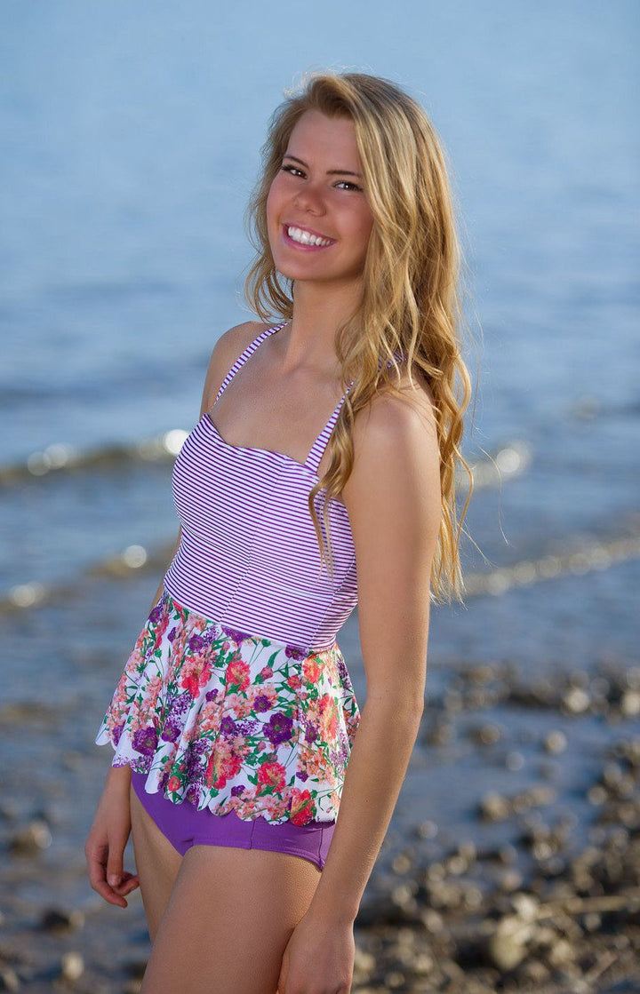 Scalloped Peplum Tankini Top - Purple Floral Stripes - FINAL