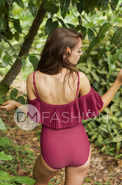 Off The Shoulder Red Plum Pleated Ruffle One Piece - FINAL SALE