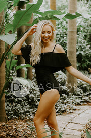 Off The Shoulder Black Pleated Ruched One Piece - FINAL SALE