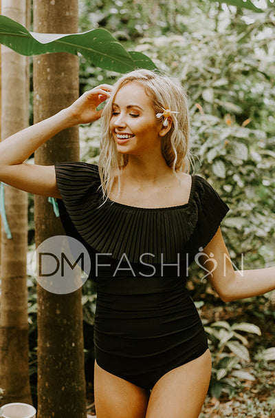 Off The Shoulder Black Pleated Ruched One Piece - FINAL SALE