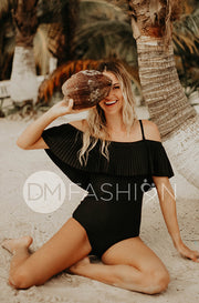 Off The Shoulder Black Pleated Ruffle One Piece - FINAL SALE