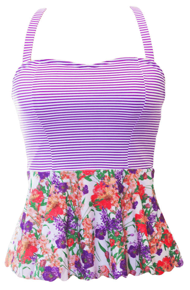 Scalloped Peplum Tankini - Purple Floral Stripes - DM Fashion