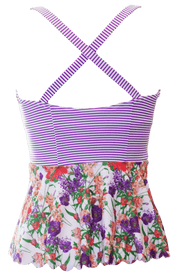 Scalloped Peplum Tankini - Purple Floral Stripes - DM Fashion