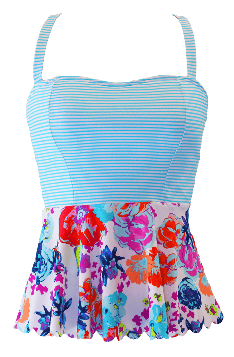 Scalloped Peplum Tankini - Aqua Floral Stripes - FINAL SALE - DM Fashion