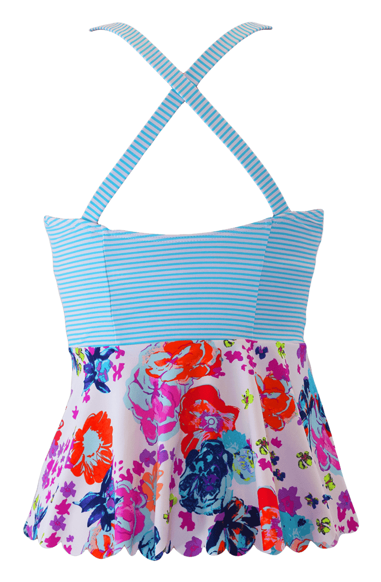 Scalloped Peplum Tankini Top Aqua Floral Stripes Final Sale – Dm